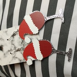 Acrylic Wine Glasse Christmas Earrings 1 x 3 inches Red, White & Silver Glitter